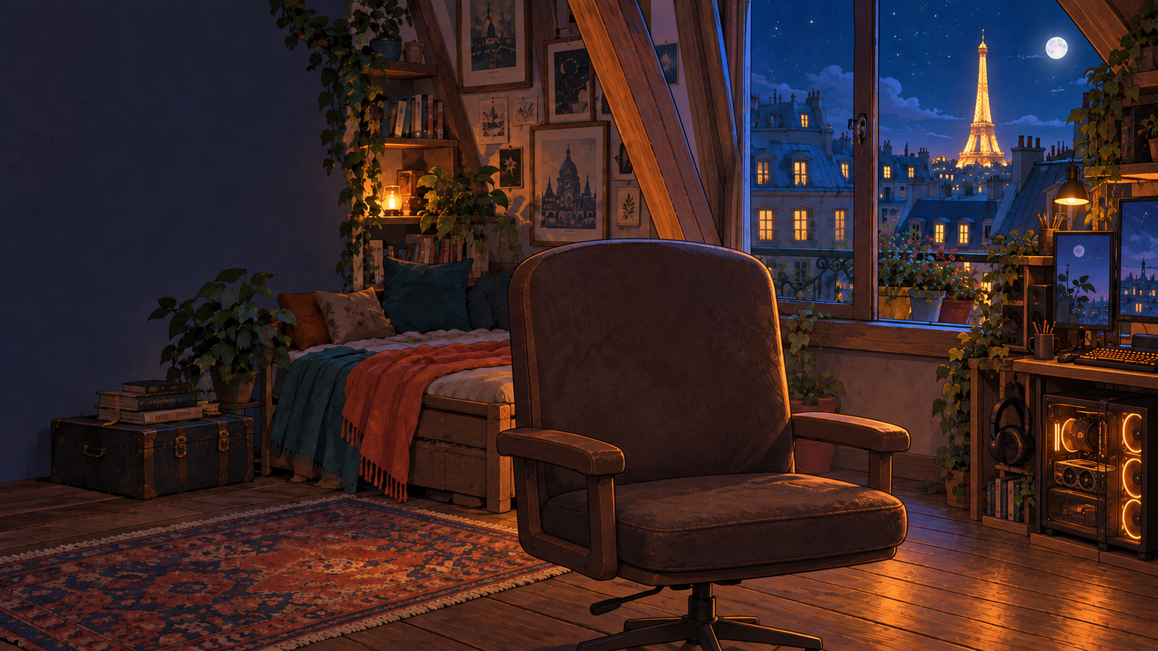 A cozy Paris computer lab, with the Eiffel Tower through the window
